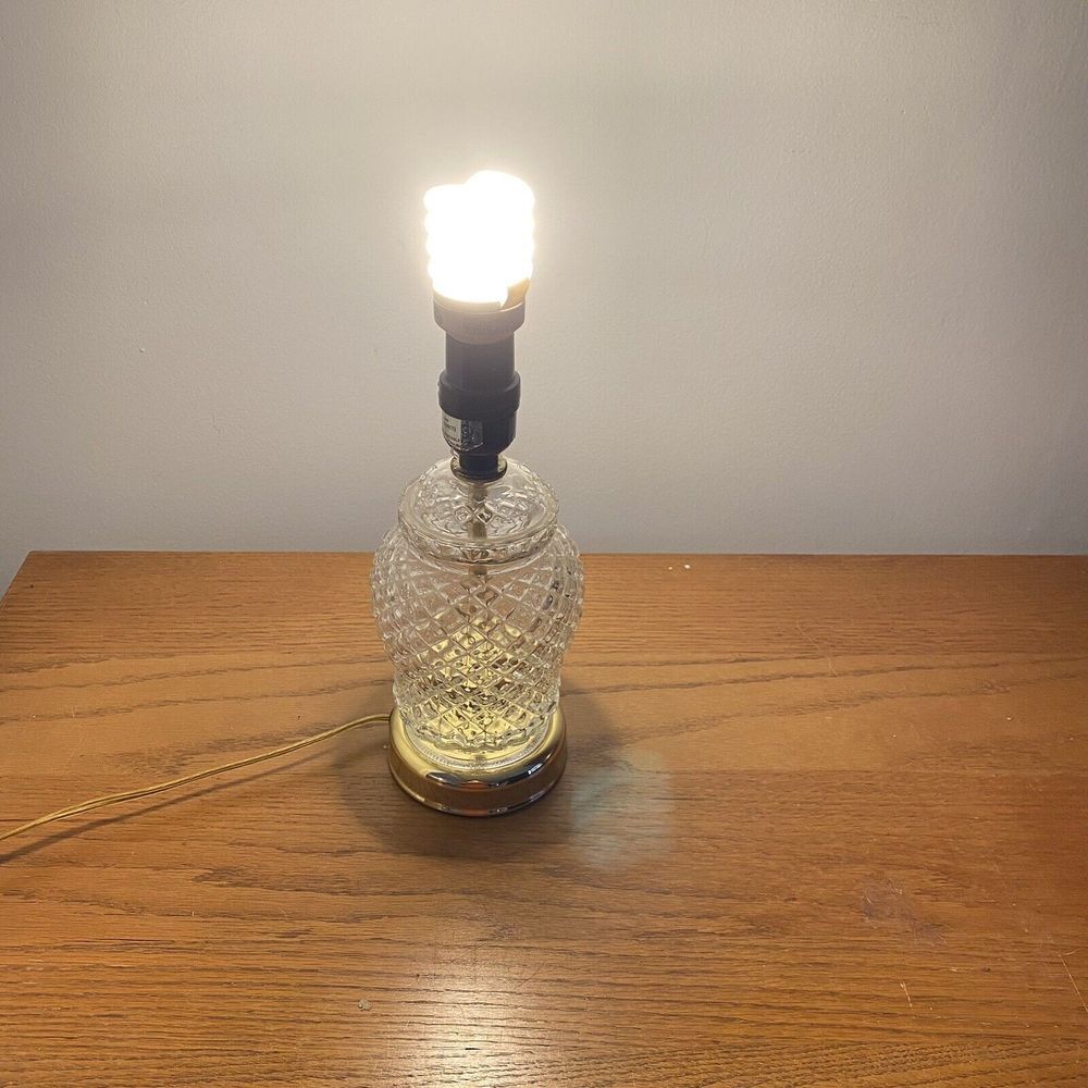 Vtg Table Lamp Chunky Diamond Glass Clear Brass‎ Insert & Base No Shade 90s Y2K